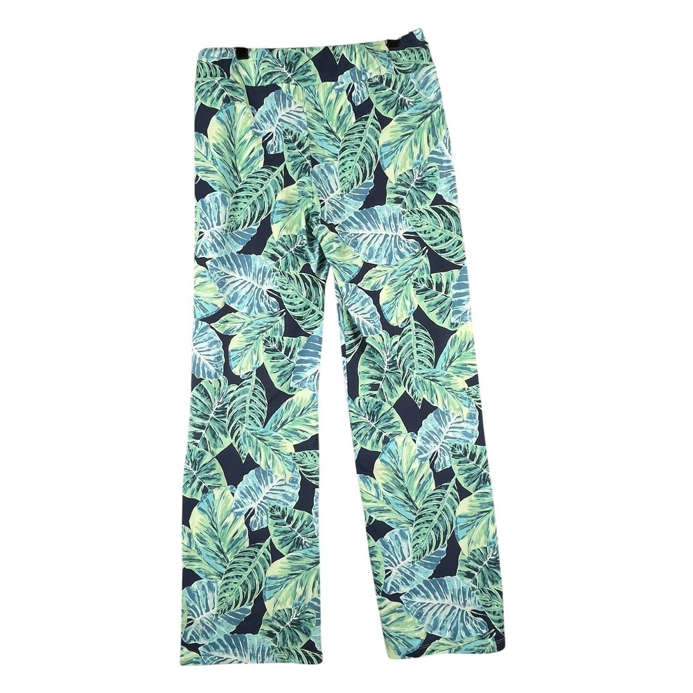 J McLaughlin Womens M Palm Print Yoga Pants Blue Green Resort Travel Stretch USA